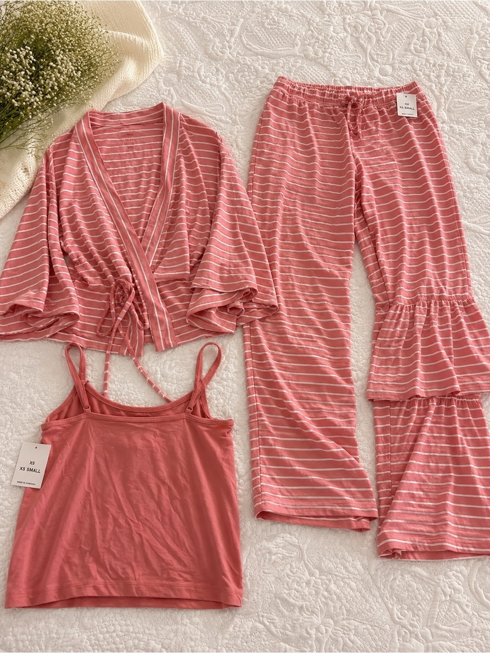 Three-Piece Pink Stripe Loungewear Set – Tank, Wrap Top & Ruffle Pants